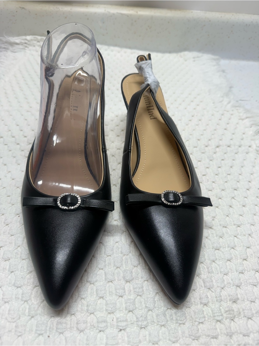 Pointed Black Slingback Flats with Decorative Crystal Buckle
